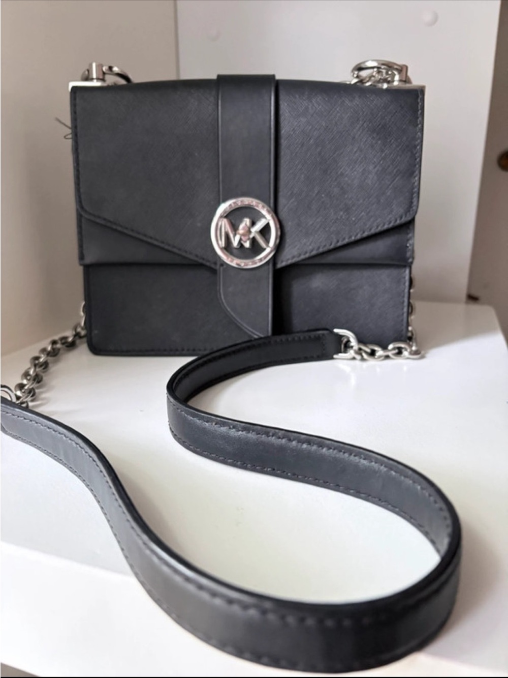 Michael Kors Black Leather Crossbody with Chain Strap and MK Medallion